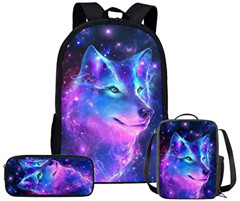 HELLHERO 3-teiliges Schultaschen-Set für Mädchen, Jungen, Rucksack mit Lunch-Tasche, Federmäppchen, wolf, Medium
