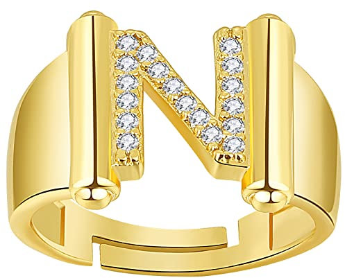 JewelryWe Schmuck Damen-Ring Buchstabe Ring Verstellbare Initiale Alphabet N Band Ringe mit Zirkonia Gravur Geschenk für Frauen Mädchen Gold