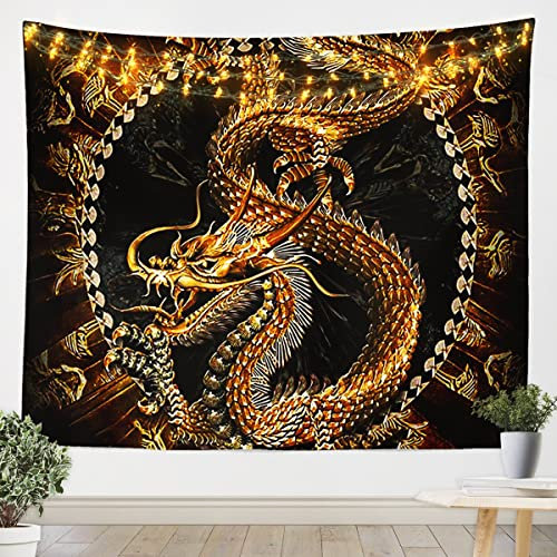 Drachen Kinder Tiefe Tasche Wandbehang Fabeltier Kreatur Kunst Drachen Wandteppich 175x230cm Für Mädchen Damen Schwarz Gold Dekor Tapisserie Magisch Schlafzimmer Wandtuch