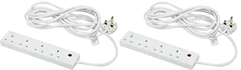 2 x 4 Way Gang Extension Lead 2m Plug Extension White Power Strip 3Pin Plug Socket Power Extension Cord 2 Metre 13A Amps Power Strip Wall Hanging Extension Plug Adaptor UK Pin Cord