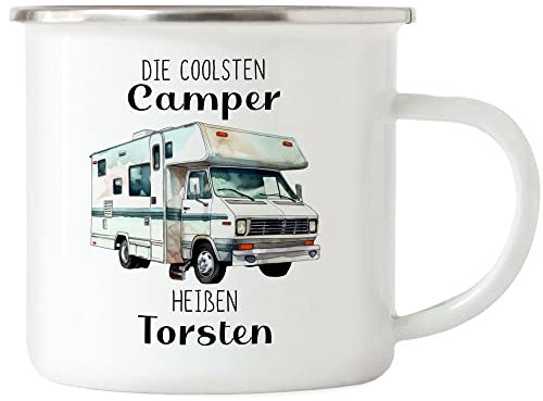 Kiddle-Design Die coolsten Camper heißen Emaille Tasse personalisiert mit Wunschnamen Wohnmobil Wohnwagen Vatertag Geschenk