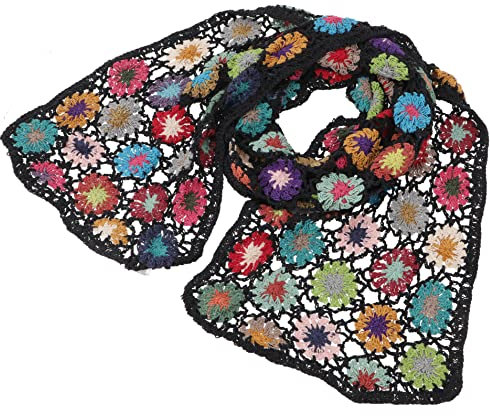 GURU SHOP Häkelschal mit Bunten Blümchen, Boho Schal - Schwarz, Herren/Damen, Baumwolle