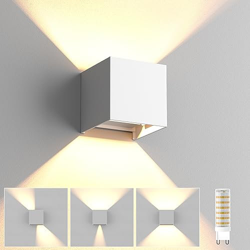 Wandlampe Mit Austauschbarer G9 LED Birne, Wandleuchte Innen/Aussen 9W 500LM 3000K Warmweiß, Aussenleuchte IP65 Wasserdichte Up Down Einstellbarer Abstrahlwinkel Design Wandbeleuchtung - Weiß
