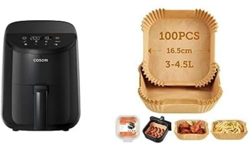 COSORI Small Air Fryer, Simple Touch-control and Led Display Screen, 900W, Energy-saving & COSORI Air Fryer Liners, 100 PCS Unbleached Non-Stick Square Disposable Airfryer Paper Liner