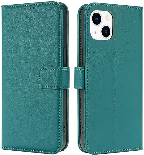 TQIAHF Cover per iPhone 13 / iPhone 14 Custodia a Libro in Pelle con Porta Carte Magnetica Libretto Portafoglio Flip Case Antiurto Telefono Protezione Completa,Verde Scuro