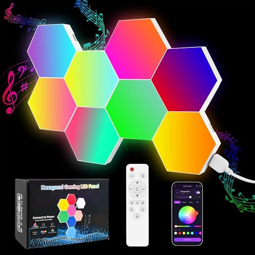 Hervika 8 Pack DIY Hexagon LED Lights, Music Sync Hexagon Lights for Wall LED with App & Remote Smart RGB Hexagon Light Panels for Gaming Room, Bedroom, Living Room Decor