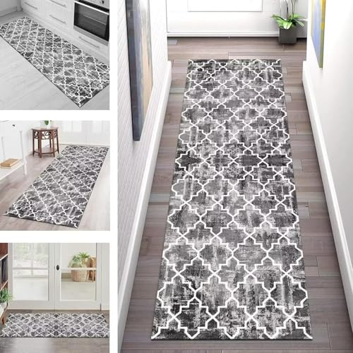 Teppich Läufer Flur Küche rutschfest waschbar Küchenläufer Korridor Tepiche Lang 40X300CM Grau Weiß Marokko Teppichläufer Meterware Kücheteppich Schlafzimmer Wohnzimmer Flurmatte Breit 40-120cm