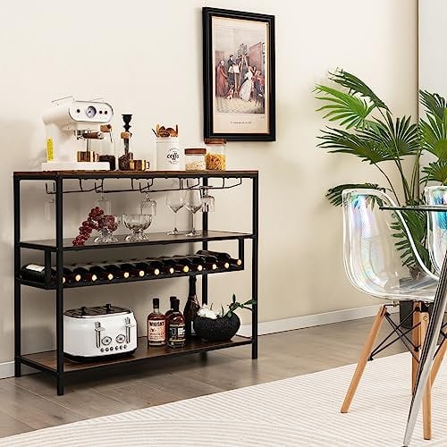 GOPLUS Étagère à Vin 13 Bouteilles, Meuble Rangement avec Porte-Bouteilles & 4 Rangée de Porte-verres, Dispositif Anti-basculement pour Cuisine, Bistrot, 102x40x87cm (102x40x87cm | 13 Bouteilles)