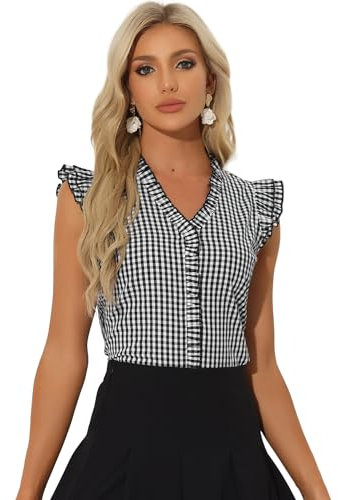 Allegra K Chemise à Carreaux Femme Haut Vintage Classique Manches Capes Blouse à Volants Chemisier Col en V d'Été Noir L