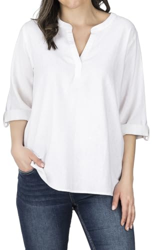 DENIMFY Leinenbluse Damen Sommer leicht Regular Fit DFSara Leinen Bluse 3/4 Arm V-Ausschnitt Blusenshirt Oberteile Einfarbig Schwarz XXL, Größe:XXL, Farben:White