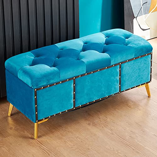 IisrAr Moderner, mit Samt gepolsterter, gepolsterter und mit Nieten versehener Truhe-Fußstütze-Tritthocker für den Eingangsbereich, Schuhbank, Ende des Bettes, Blau, 80 x 40 x 45 cm (31 x 16 x 18 Z
