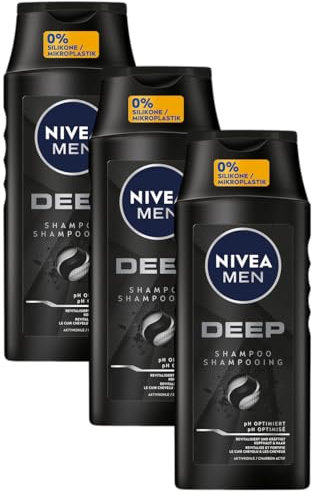 NIVEA MEN Deep Shampoo mit Aktivkohle für Fettige Haare - Revitalisierendes Männer Tiefenreinigung, Veganes, Langanhaltendes Frischegefühl (250 ml) (Packung mit 3)