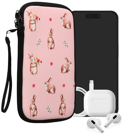 kwmobile Handytasche für Smartphones XXL - 7 - Neopren Handy Tasche Hülle Cover Case Schutzhülle - Hasen und Blumen Weiß Braun Hellrosa - 17,7 x 8,5 cm Innenmaße