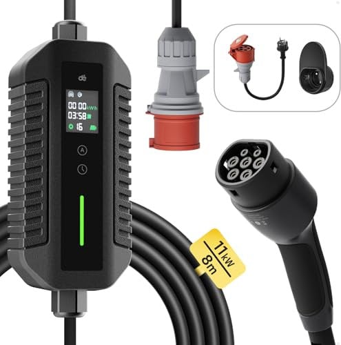 Mobile Wallbox 11kW [8m 3-Phasig 6-16A] dé Ladekabel CEE 16A auf Typ 2 mit Einstellbarer Ladeleistung für Tragbare EV-Ladestation für Elektroautos & Plug-in-Hybride