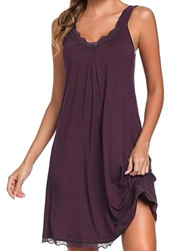 Uniexcosm Nuisette Femme Sexy Coton Dentelle Chemise de Nuit Femme sans Manches Col en V Doubles Dretelles Rouge Violet Foncé 3XL