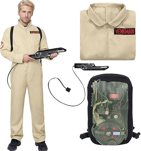 Herren-Kostüm Ghosl-Jäger Venkman, Overall und aufblasbarer Protonenrucksack, klassisches 1984er-Kostüm, Erwachsenenkostüm, Halloween-Outfit (M)