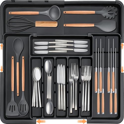Homecor Silverware Organizer - Expandable Large Kitchen Drawer Organizer Utensil Organizer with 2 Removable Knife Blocks, 22x 19Cutlery Tray Drawer Dividers for Kitchen Flatware(6-9 Slots) (Black)