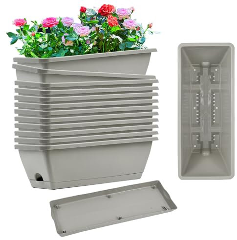 12 Packs Rectangle Plant Box with Drainage Holes and Trays Vegetables Flower Planters Pots for Windowsill, Garden, Balcony White