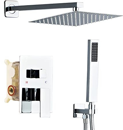 SaniteModar 20,3 cm quadratisches Regenduschkopfsystem mit Handbrause, wandmontiertes Wasserhahn-Set, poliertes Chrom