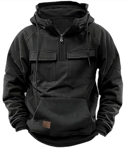 PADOLA Pullover Herren 1/4 Zip Hoodie Cargo Arbeitspullover mit Multi-Taschen Vintage Kapuzenpullover Retro Fleecepullover Langarm Sweatshirt mit Fleece Übergangsjacke Winter (2XL, 0 Schwarz)