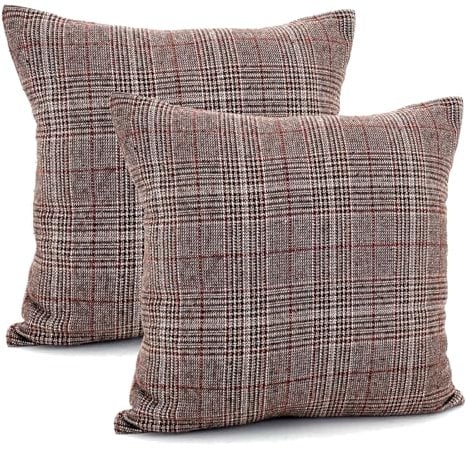 heimtexland ® 2er Set Dekokissen mit Woll-Charakter Tartan kariert Kissen Schotten-Karo Deko Kissenhülle 45x45 cm Doppelpack Typ899 rot-braun