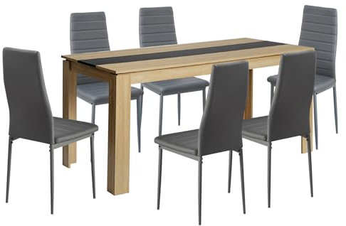 FURNITABLE Esstisch mit 6 Stühlen Esszimmergruppe, 6er Set Esszimmerstühle und Rechteckig Holztisch Essgruppe für Wohnzimmer Küche Büro(120 * 70cm Tisch+6 Dunkelgrau Stühle)