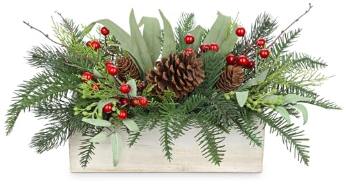 Hollyone Weihnachtsdeko Kunstpflanze Weihnachten Topfpflanze Künstliche Tannenzweige im Topf mit Beeren Tannenzapfen Eukalyptus Dekopflanze für Tischdeko Fensterbank Balkon Weihnachtsschmuck