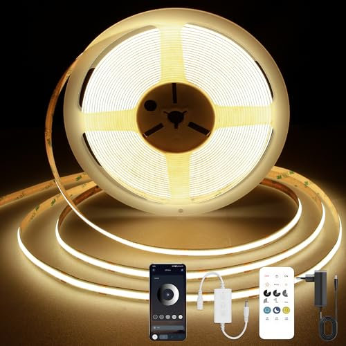 TTWAY COB LED Streifen 7,5M, 3000K LED Streifen Warmweiss, 24V Dimmbar LED Band, CRI92, 8mm Breite, mit Fernbedienung und Netzteil, für Home Dekoration, Küche, Spiegel.