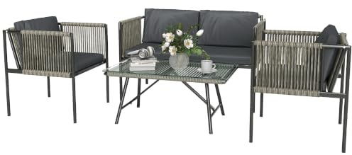 Outsunny Gartenmöbel Set aus Polyrattan mit 2er Sofa für 4 Personen Grau | Lounge-Set, Sessel, Glastisch, Kissen, Wetterfest, Balkonmöbel, Outdoor Sitzgruppe, Terrassenmöbel, für Garten Balkon