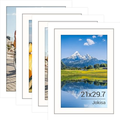 Jokisa 4 Stück Bilderrahmen Din A4, Bilderrahmen 21x30 mit Plexiglas, Bilderrahmen für Fotos, Bilder, Poster (Weiß)