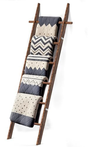 chilinii Farmhouse Wooden Blanket Ladder with Removable Hooks, 6-Tier Rustic Blanket Rack Decorative Stand, Leaning Towel Quilt Rack Holder for Bathroom Living Room Decor Brown