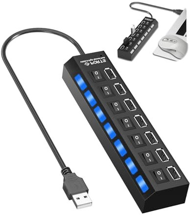 Hub USB 2.0 Alimenté, Multiprise Concentrateur avec Interrupteur et Indicateur LED, 480 Mbps Speed Data Hub, Multiprise USB 7 en 1 Port Multiple pour PC, Souris, Clavier, Disque Dur, Imprimante