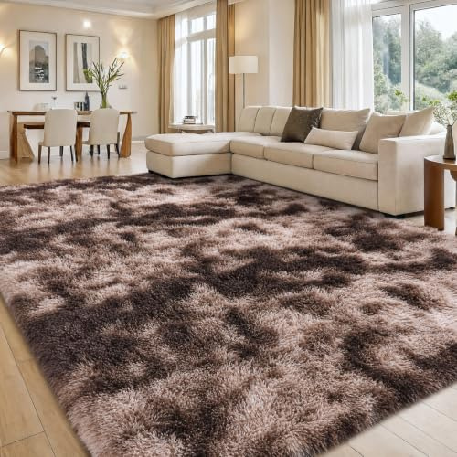 smiry Hochflor Teppich Wohnzimmer, 140x200cm, Braun | Waschbar Anti-Rutsch Moderner Flauschiger Kuscheliger Teppich für Wohnzimmer, Schlafzimmer, Kinderzimmer