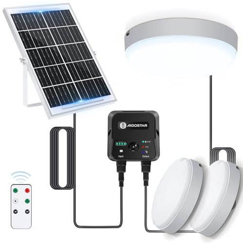 Aigostar Solarlampe Decke Außen mit bewegungsmelder 70W LED Solar Deckenleuchte Outdoor mit Fernbedienung, Energiespeicherbox, IP65, Einstellbare 6500K, Solarlampen für Innen mit 8m Kabel,2 pcs