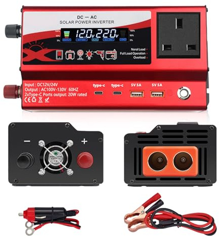 Kocusu1200W Power Inverter, Car Power Inverter DC 12V/24V to 240V AC with 2 Type-C, 2 USB Port, UK Plug,Cigarette Lighter LED Display Car Inverter Converter for Truck, Travel, Camping, RV