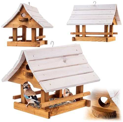 KADAX Vogelhaus zum Aufhängen, Vogelfutterhaus aus Holz, wetterfest Futterhaus für Vögel im Garten & Balkon, Vogelhäuschen, Vogelfutterstation (Braun-Weiß)