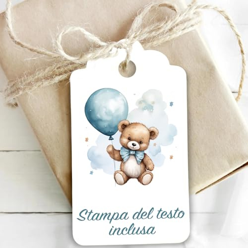 Mr Pubblicità - n. 60 Bigliettini Tag per Bomboniera Battesimo, Nascita, Compleanno - Stampa inclusa – Cartellini -Etichette - tag - bomboniere personalizzabili - Segnaposto (Orsetto con palloncini)