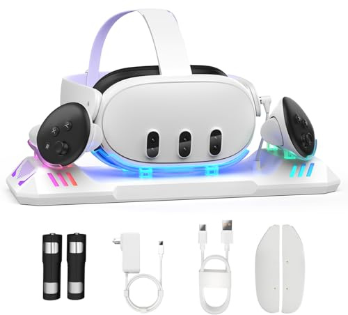 Charging Dock for Meta Quest 3S/Quest 3, Magnetic Charging Station for Oculus Quest 3 VR Headset & Controllers, with 2 Rechargeable 2100mAh Batteries, USB-C Charger and Cable, Supports LED Indicator