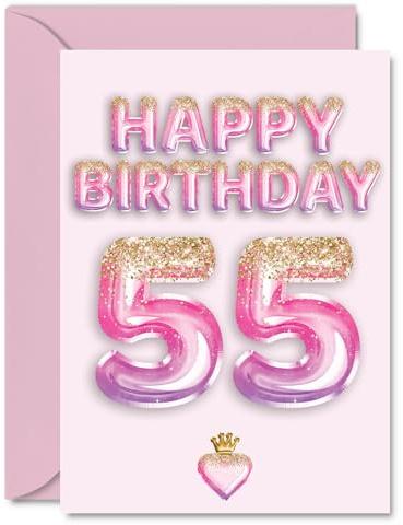 55th Birthday Cards for Women and Men, Pink & Purple Glitter Balloons | Happy Birthday Card for 55 Year Old Man Woman Neighbour Daughter Dad Colleague, A5 Bday Greeting Cards