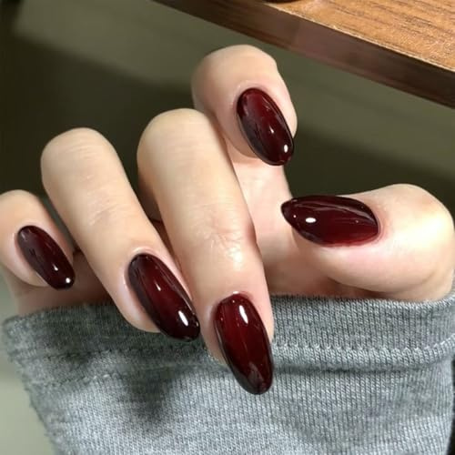 TESGADGETS 24 Stück Dunkelrote Press on Nails Mandel Mittellang, Burgunder Acrylstücke, Einfarbige Mittelgroße Fake Nails Acryl, Stiletto Stücke vollständige Abdeckung glänzende
