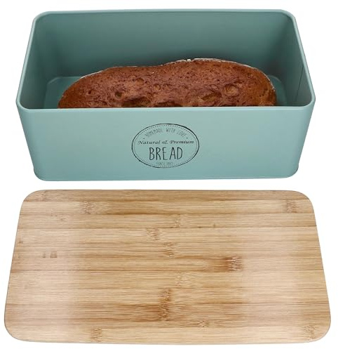 MamboCat Brotbox Fresh mint I (LxBxH) 33,2x18,5x15,4cm I Metall-Brotkasten mit Bambusdeckel I Aufbewahrung mit Aufdruck für Brot, Brötchen & Gebäck für die Küche
