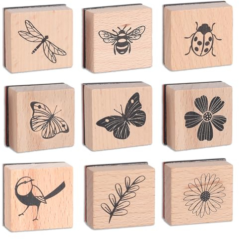 9 Stück Vintage Holzstempel,Gummi Stempel Holz,Insekten Blumen Motive Holzstempel Set,Natürliche Blumen Stempel,für DIY Karten,Scrapbooking & Geschenke