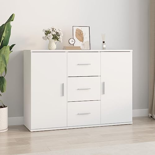 Fangmaliuyun Buffet blanc 91 × 29,5 × 65 cm en bois dérivé du bois, design moderne avec 2 portes et 3 tiroirs, rangement robuste pour salon, cuisine, couloir