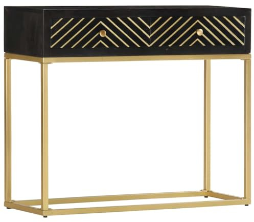 Table Console Élégante Noir et Doré 90x30x75 cm en Bois de Manguier Massif avec Tiroirs, Meuble d'Entrée ou Salon pour Décoration et Rangement, Design Industriel Durable