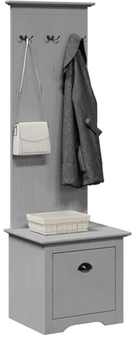 Hoopleep Flurschrank BODO Grau 50x40x157 cm, Massivholz Kiefer, Garderobenmöbel mit 3 Haken, 1 Schublade, ideal für Eingangsbereich, Wohnzimmer
