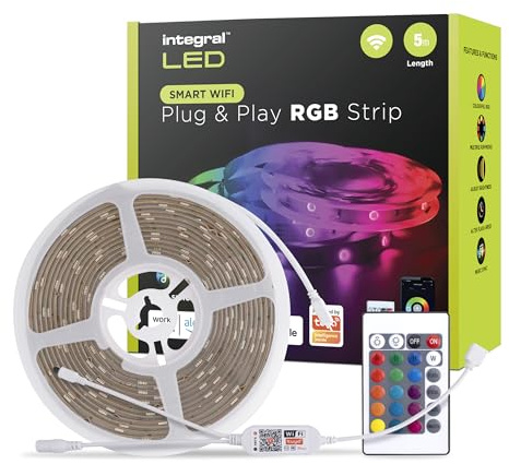 Integral 5-m-RGB-LED-Streifen, Farbwechsel, Dimmbar, Musik-Synchronisierung, Tuya WiFi Smart App & Fernbedienung, Plug-and-Play mit UK-Stecker – für Schlafzimmer, Wohnzimmer, Büro, Küche und mehr