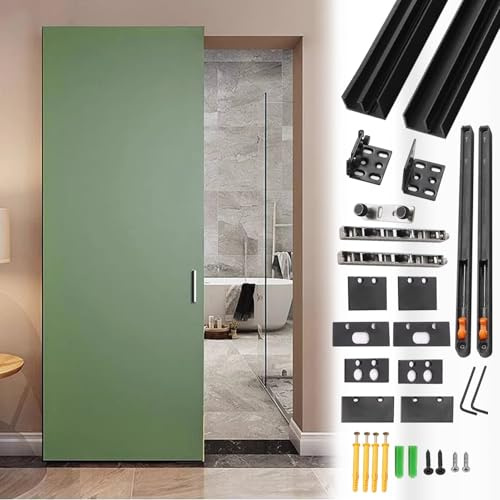 Invisible Aluminum Sliding Door Track, Hidden Trackless Sliding Barn Door Hardware Kit, Concealed Ghost Mirrored Door System Soft Close(51in(129.5cm))