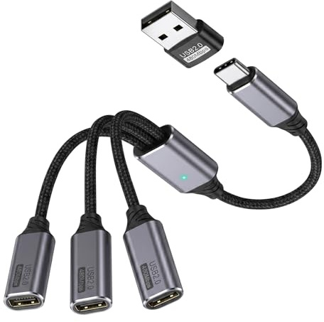 USB C Splitter 3 Puertos, Ladron USB C con Adaptador USB Macho a Type C Hembra - Cable Extensión USB C 1 a 3 480Mbps OTG, Extensor Tipo C para USB, Ratón, Teclado y Tablet