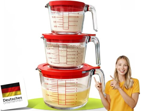 uandu Messbecher Glas Set 3-teilig – 1 L, 500 ml & 250 ml | 3 Messbecher, 3 Deckel, Borosilikatglas, 4 Messskalen, Hitzebeständig, Spülmaschinenfest