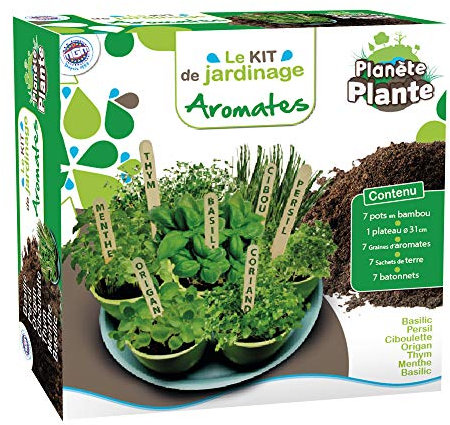 PLANÈTE PLANTE - 7 Pots biodégradables en Bambou et Graines À Planter sur Plateau - 170032-7 Variétés De Plantes - Kit De Jardinage - 9 cm - À Partir de 4 Ans